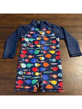 Unbranded Blue Fish Print Toddler Rash Guard Swimsuit Romper Size 6-12M Sun Suit